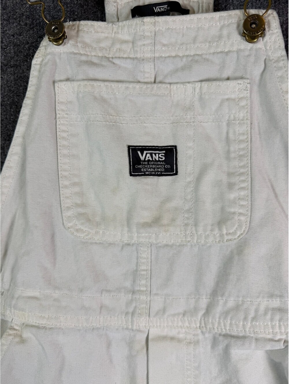 Vans Womens White Denim Overall Shortalls Size Large Off White Canvas Shortalls - Picture 2 of 7